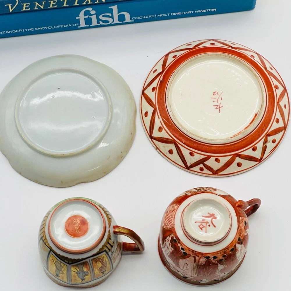 Japanese Antique Satsuma and Kutani Hand Painted Porcelain Tea Cup Saucer Sets